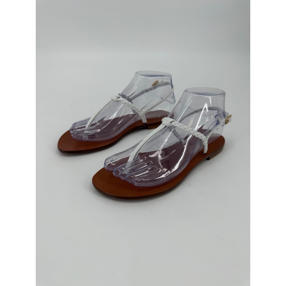 M.Gemi White Braided Leather T-Strap Flat Sandals Made in Italy Womens 35.5